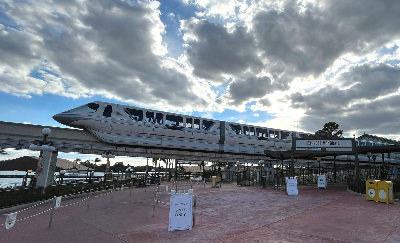 A Walt Disney World monorail train on its elevated beam.
