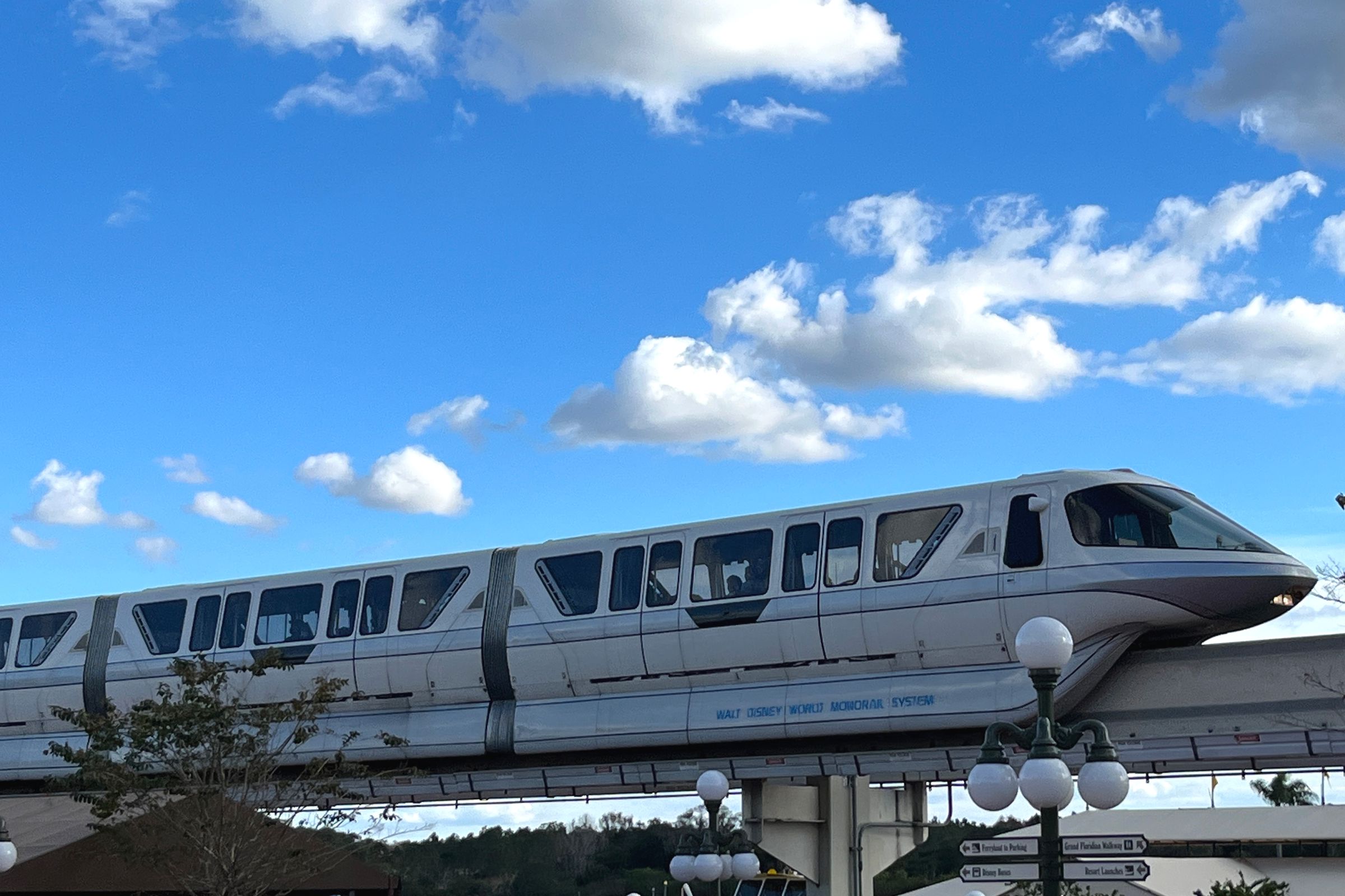 A Walt Disney World monorail train on its elevated beam.