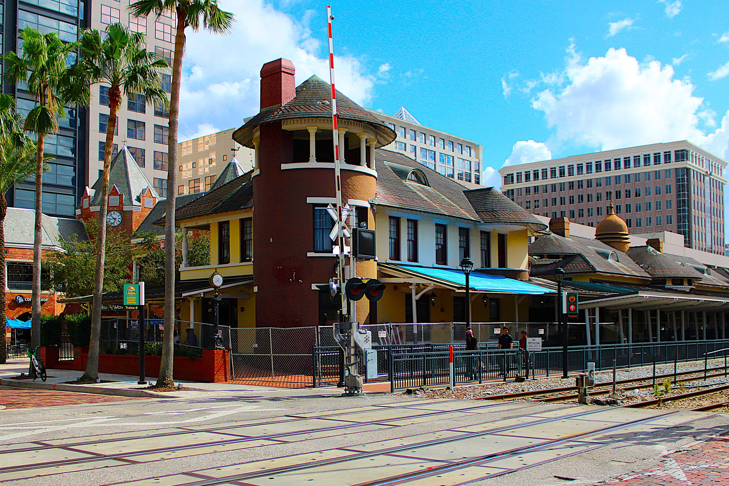 The brick tower of Church Street Station in downtown Orlando.
