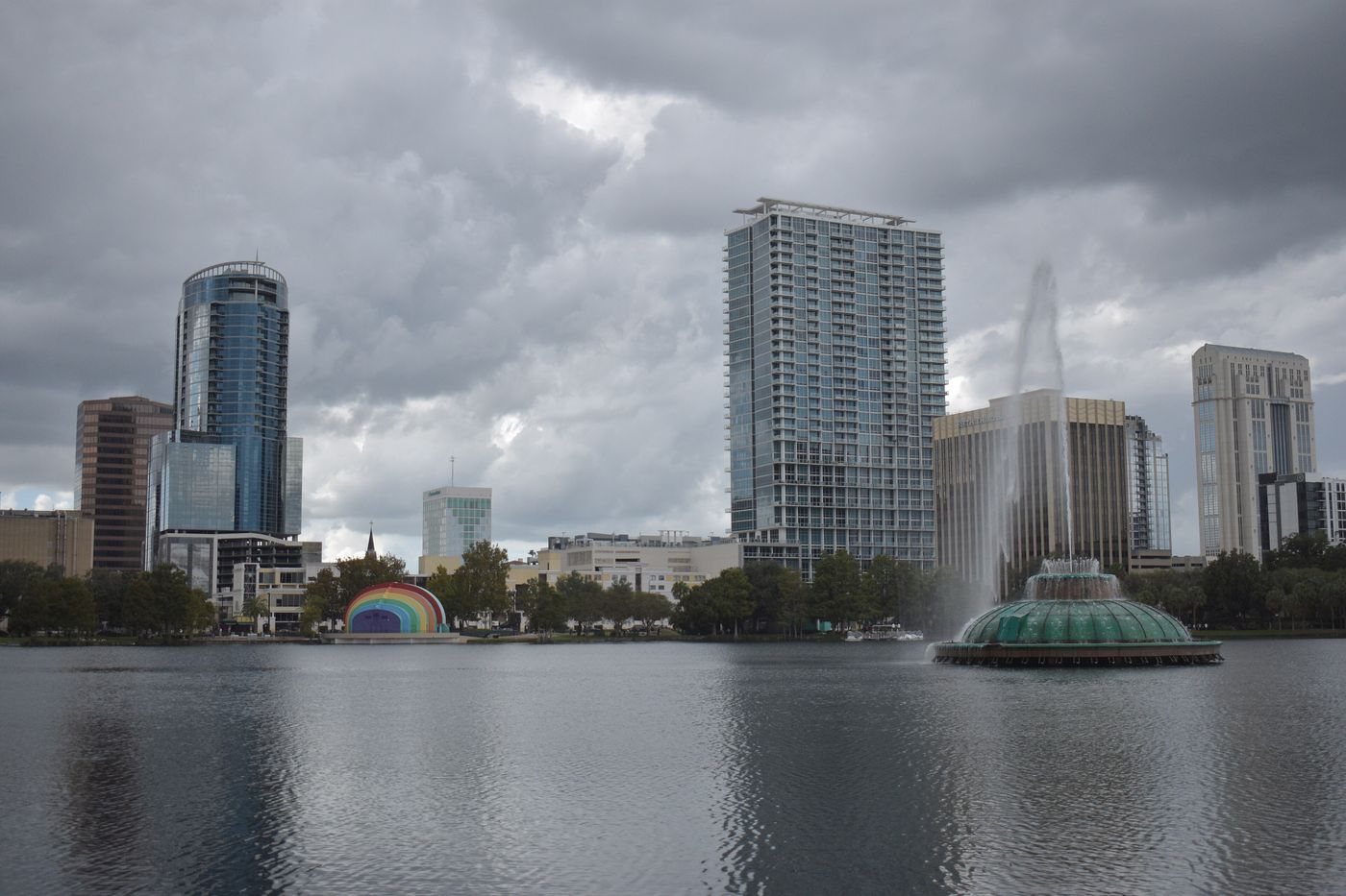 Downtown Orlando office towers seen from across the water.