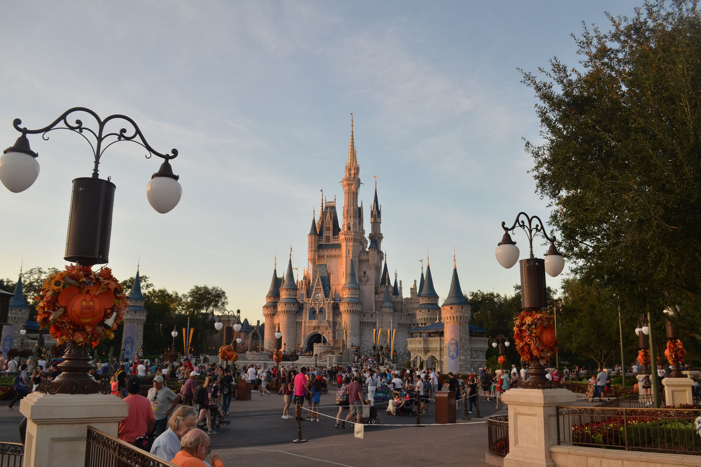 Crowds on the plaza in front of Cinderella Castle at Magic Kingdom.