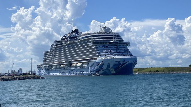 A large cruise ship berthed at Port Canaveral under a cloudy sky.